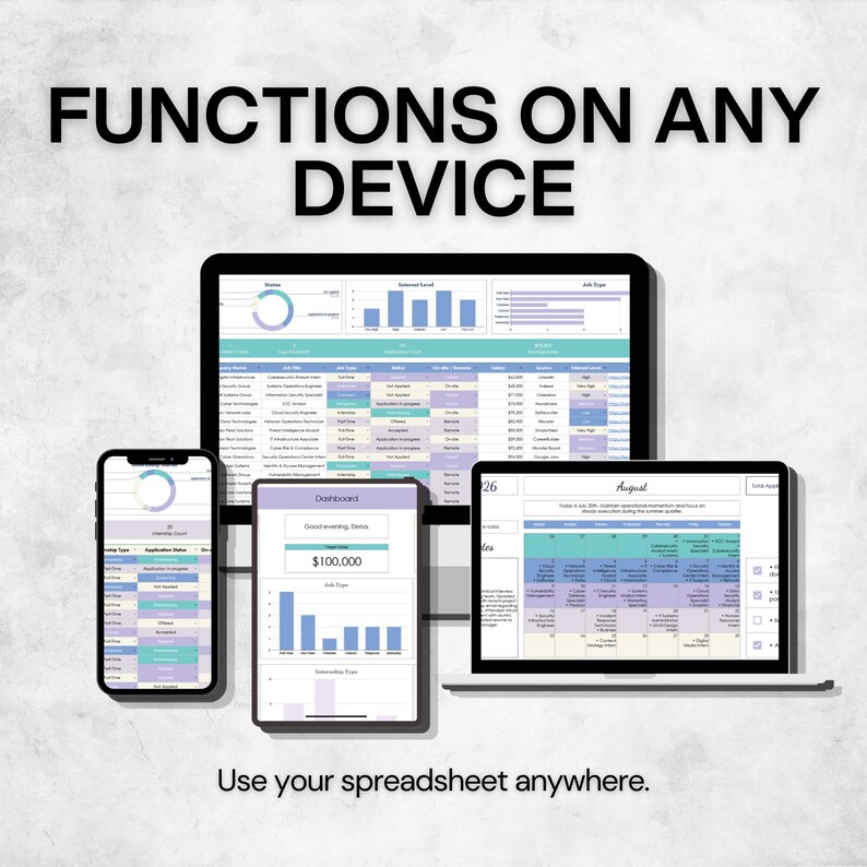 May include: A digital spreadsheet interface displayed on a smartphone, a tablet, and a laptop screen. The screens show data dashboards, charts, and calendars with the text "FUNCTIONS ON ANY DEVICE" at the top and "Use your spreadsheet anywhere." at the bottom.