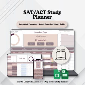 May include: A digital SAT/ACT Study Planner displayed on a laptop, tablet, and smartphone. The interface features a Pomodoro timer, error log, and study guide. Text includes "SAT/ACT Study Planner", "Integrated Pomodoro", and "INCLUDES STUDY GUIDE".