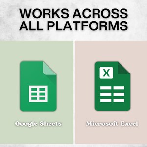 May include: The text WORKS ACROSS ALL PLATFORMS appears above two icons. The left icon is a green Google Sheets document symbol with a white grid. The right icon is a green Microsoft Excel document symbol with a white X and grid.