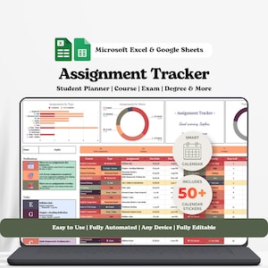 Peut inclure: Un tableur numérique de suivi des devoirs pour Microsoft Excel et Google Sheets affiché sur un écran d'ordinateur portable. L'interface comprend des tableaux de données, des graphiques à barres et un graphique en anneau pour le suivi.