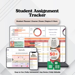 May include: A digital student assignment tracker displayed on a laptop, tablet, and smartphone. The interface features charts, a calendar, and task lists. Text includes Student Assignment Tracker, Smart Calendar, and Includes 50+ Calendar Stickers.