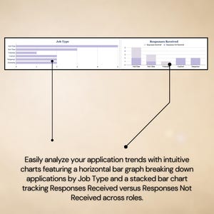 May include: A data visualization graphic featuring two charts: a horizontal bar graph labeled Job Type showing application counts, and a stacked bar chart labeled Responses Received tracking responses versus non-responses across various job roles.