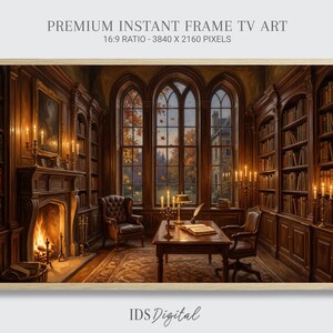 May include: Digital artwork for a frame TV titled PREMIUM INSTANT FRAME TV ART 16:9 RATIO - 3840 X 2160 PIXELS. The image depicts a library with dark wood bookshelves, a fireplace with a fire, a desk, two leather chairs, and large windows.