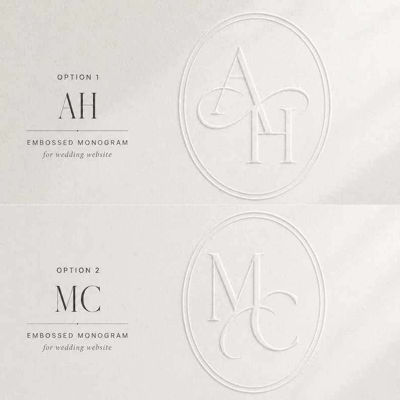 May include: Two embossed monogram designs on a white background. Option 1 features the letters AH, and Option 2 displays MC. Both options include the text "EMBOSSED MONOGRAM for wedding website."