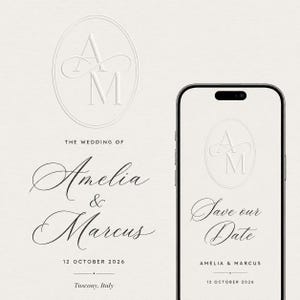 May include: Elegant wedding invitation design featuring the names "Amelia & Marcus" in cursive script, along with the date "12 October 2026" and location "Tuscany, Italy." A matching design is displayed on a smartphone screen, with the text "Save our Date."