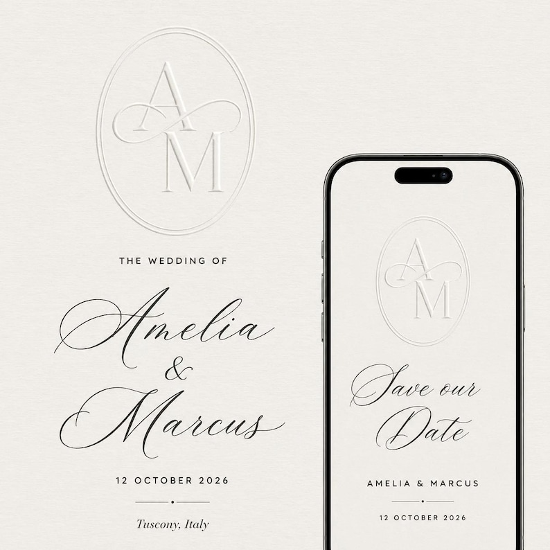 May include: Elegant wedding invitation design featuring the names "Amelia & Marcus" in cursive script, along with the date "12 October 2026" and location "Tuscany, Italy." A matching design is displayed on a smartphone screen, with the text "Save our Date."