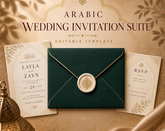 Arabic Wedding Invitation Suite | Luxury Gold Green Canva Template (Digital Download)