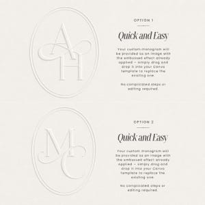 May include: A cream-colored graphic with two oval-framed monograms. The top monogram features the letters "A" and "H", while the bottom one displays "M" and "C". Text reads "Quick and Easy" and explains how to use the monograms.