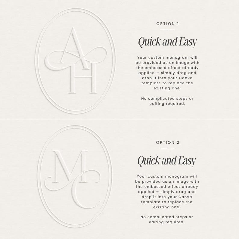 May include: A cream-colored graphic with two oval-framed monograms. The top monogram features the letters "A" and "H", while the bottom one displays "M" and "C". Text reads "Quick and Easy" and explains how to use the monograms.