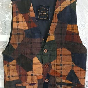 Kamizelka męska zamszowa vintage | Kamizelka skórzana patchworkowa z lat 80. i 90. | Niemiecki styl boho, rozmiar L-XL
