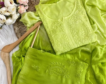 Authentic Handmade Lucknow Chikankari 3 Piece Set Ombre Green Dual Shade Kurti Palazzo Dupatta Intricate Embroidery Rayon Cotton Suit S-5XL