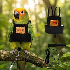 Puede incluir: Un loro conure sol lleva un arnés negro para aves con un parche color canela que presenta el texto I heart U. El arnés incluye correas elásticas negras y un clip de metal. También se muestran un arnés separado y una correa negra con clip.