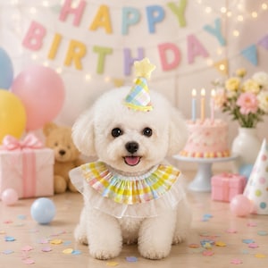May include: A small white dog wearing a pastel plaid party hat topped with a yellow star and a matching ruffled collar with a sheer white trim. The dog has dark eyes and a black nose, with its mouth slightly open, sitting in a festive setting.