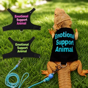 Puede incluir: Tres arneses negros para dragón barbudo, cada uno con el texto Emotional Support Animal en diferentes colores: rosa, verde lima y azul brillante. Un arnés lo lleva puesto un dragón barbudo con una correa azul a juego.