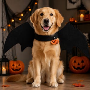 May include: A golden retriever wearing a black collar with large, pointed black bat wings attached to the sides. The collar features two small, orange, circular pumpkin-shaped charms with black jack-o'-lantern faces hanging from a silver metal ring.