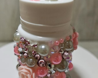 Frasco/recipiente para pastillas de 1.7 onzas decorado con brillantes.