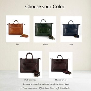 Pode incluir: Imagem de pastas de couro em v&aacute;rias cores: castanho, verde, azul, chocolate escuro e maroon croco. Cada pasta tem uma al&ccedil;a superior, um bolso frontal e uma al&ccedil;a de ombro remov&iacute;vel. O texto "Choose your Color" est&aacute; no topo.