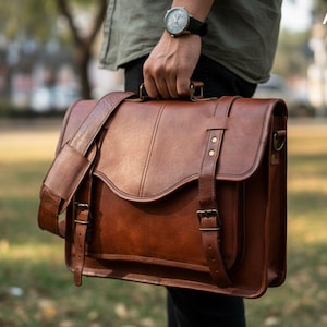 Op de afbeelding: Een bruine leren tas met een schouderriem en een handvat aan de bovenkant. De tas heeft een klepsluiting met twee gespriemen en is gemaakt van gestikt leer. De tas wordt door een persoon vastgehouden.