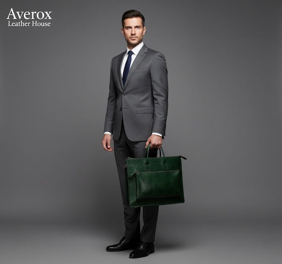 Men’s Leather Tote Bag | Green Office Handbag | Large Business Laptop Carry Bag