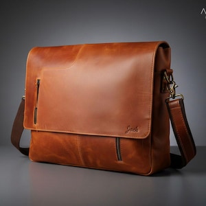 Op de afbeelding: Bruine leren messenger bag met een klepsluiting en een schouderriem. De tas heeft een voorvak met ritssluiting en de naam "Jack" is op de voorkant gestempeld. De tas is van leer.