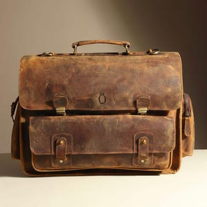 Pode incluir: Uma pasta de couro castanho com uma alça, dois bolsos frontais e ferragens de cor latão. A bolsa tem um acabamento desgastado e um pequeno logotipo na parte superior. A bolsa tem um bolso lateral com zíper.