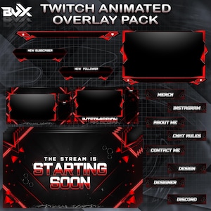 Puede incluir: Un paquete de superposiciones animadas para Twitch con un esquema de color negro y rojo y detalles geométricos. Incluye un marco de pantalla principal, borde de cámara web, cuadros de alerta con New Subscriber y New Follower, y botones para Merch, Instagram, About Me, Chat Rules, Contact Me, Design, Designer y Discord. El texto dice The Stream Is Starting Soon.