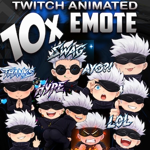 Peut inclure: Graphique numérique avec 10 emotes animées d'un personnage de dessin animé aux cheveux blancs et un bandeau noir. Les emotes incluent du texte comme "SWAG", "THANKS", "AYO?!", "HYPE" et "LOL". Le fond est bleu foncé.