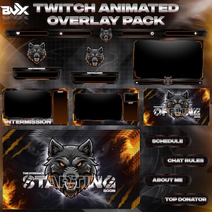 May include: A Twitch animated overlay pack with a wolf theme. The pack includes various animated elements such as a stream screen, alerts, and panels. The color scheme is black, orange, and gray, with text that reads "Starting Soon".