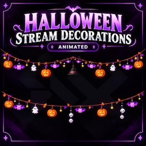 May include: Animated Halloween stream decorations featuring two horizontal strings adorned with orange jack-o'-lanterns, purple bats, white ghosts, yellow stars, a black witch hat, and white skulls against a dark purple background.