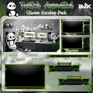 May include: A Twitch Animated Stream Overlay Pack featuring a panda theme. The design includes multiple screens, banners, and decorative elements with a black, white, and green color scheme. The text "Twitch Animated Stream Overlay Pack" is visible.