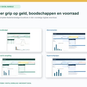 Op de afbeelding: Een 4-in-1 Excel-bundel digitale download met vier dashboard-sjablonen genaamd Huishoudbudget, Abonnementen, Voorraad & verspilling en Supermarktprijzen. De lay-out bevat grafieken, tabellen en gegevensvelden voor het bijhouden van huishoudfinanciën, abonnementen, voorraad en supermarktprijzen.