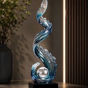Scultura di lusso a forma di onda oceanica, statua moderna in resina blu, complemento d'arredo contemporaneo per la casa.