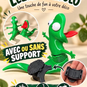 May include: A green lizard figurine with large white eyes and a red tongue, featuring a spring-like neck. The image includes text LE PETIT LÉZARD RIGOLO, AVEC OU SANS SUPPORT, VÉLO, TROTTINETTE, MOTO, and AMAZING 3D Impression 3D. A black mounting bracket is shown.