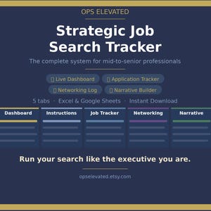 May include: A navy blue graphic with the text "OPS ELEVATED Strategic Job Search Tracker." The image includes tabs for Dashboard, Instructions, Job Tracker, Networking, and Narrative. The text also mentions Excel & Google Sheets and "Run your search like the executive you are."
