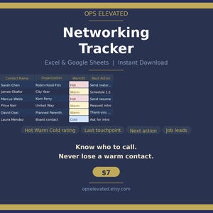 Pode incluir: Um rastreador de rede digital azul escuro com o texto "Networking Tracker" e as palavras "Excel & Google Sheets | Instant Download". O rastreador inclui informações de contato, organização, classificação de calor e próxima ação.