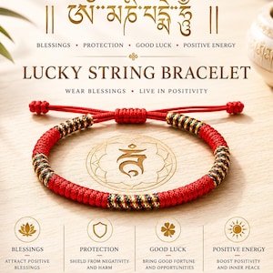 May include: A red string bracelet featuring woven sections of black, green, and gold thread. The bracelet has an adjustable sliding knot closure. Text on the image includes LUCKY STRING BRACELET, BLESSINGS, PROTECTION, GOOD LUCK, and POSITIVE ENERGY.