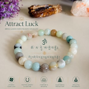 Pulsera de amazonita de la suerte / Pulsera de cristal de piedras preciosas naturales para la suerte, la riqueza, la prosperidad y la energía positiva, hecha por artesanos tibetanos.