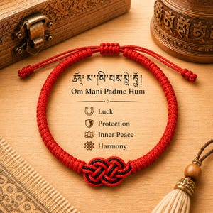 Peut inclure: Un bracelet en cordon tressé rouge avec un nœud décoratif central aux accents noirs. Le bracelet comprend des nœuds coulissants réglables et est présenté avec le texte Om Mani Padme Hum, Luck, Protection, Inner Peace, et Harmony.