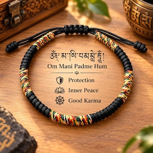 Tibetan Black Cord Bracelet, Om Mani Padme Hum, Protection Charm, Adjustable Sliding Knot