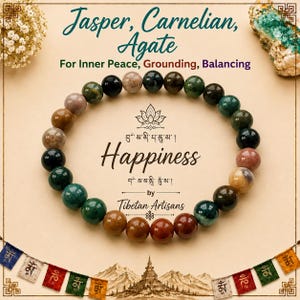 May include: A circular beaded bracelet made of polished Jasper, Carnelian, and Agate stones in shades of green, brown, and tan. The centre text reads "Happiness" by Tibetan Artisans, surrounded by decorative floral and mountain illustrations.