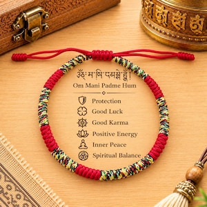 Tibetanskt armband skydd lycka karma positiv energi inre frid andlig balans vävd röd snodd mindfulness gåva