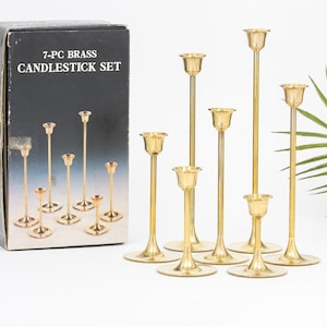 Vintage Graduated Candlesticks | Brass Taper Candle Holders | Set of 7 with Original Box