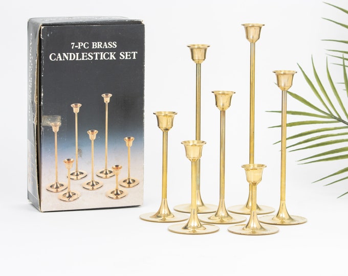 Vintage Graduated Candlesticks | Brass Taper Candle Holders | Set of 7 with Original Box