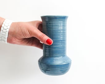 Small McCoy Blue Ceramic Vase | Mid Century Artisan Line Ribbed Vase