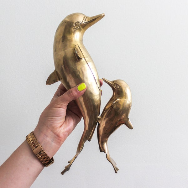 Vintage Brass Dolphin Figurine | Large Dancing Dolphin Brass Animal Statue of Mom and Baby | Great for Boho, Nautical, Beach, or MCM Decor