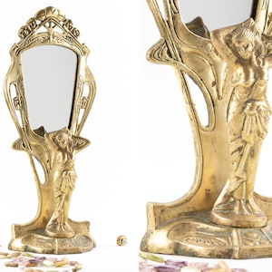Vintage Art Nouveau Tabletop Mirror | Brass Lady Vanity Mirror