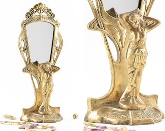 Vintage Art Nouveau Tabletop Mirror | Brass Lady Vanity Mirror
