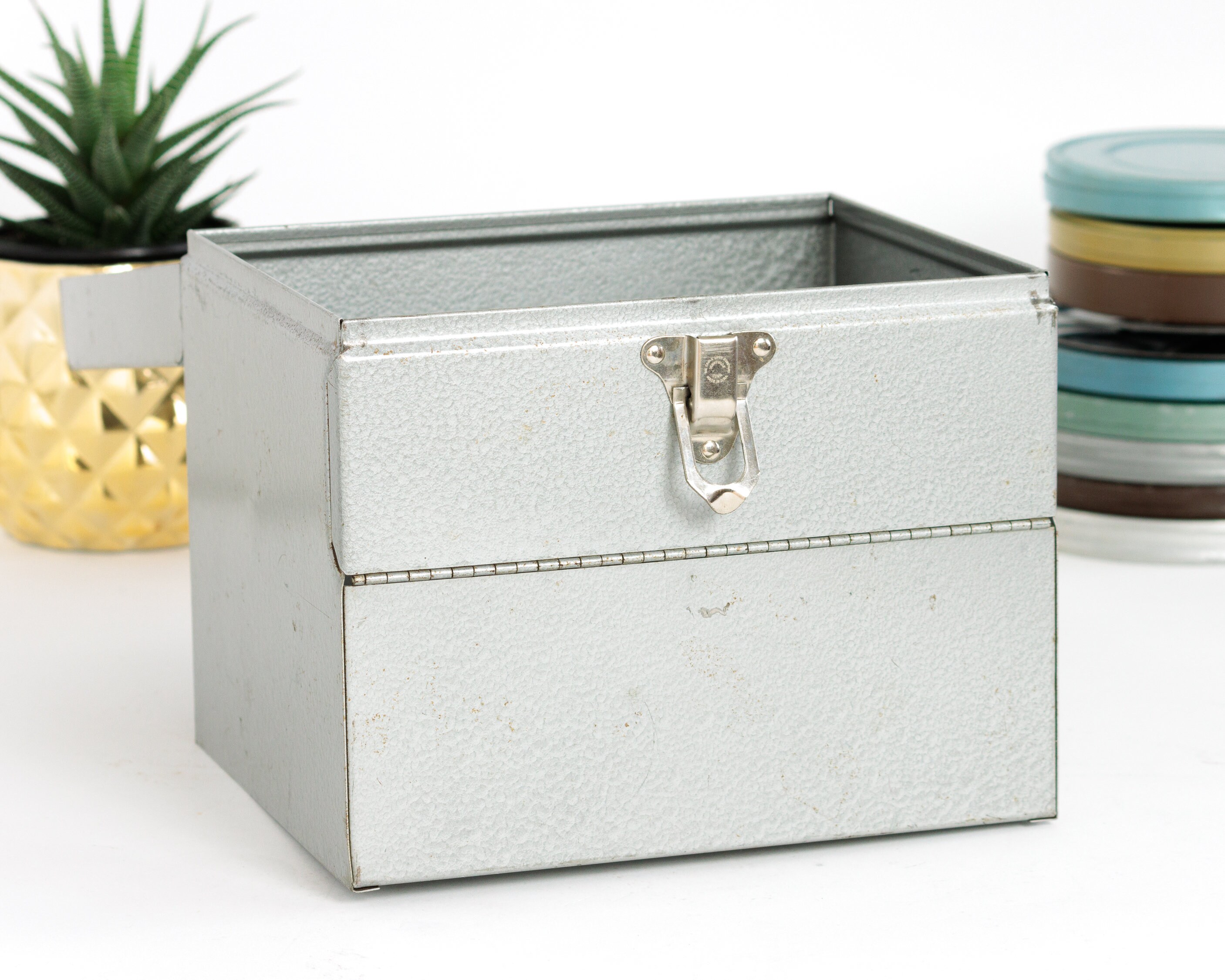 Gray Metal Storage Box for 8mm Film Reel Home Movies The Eagle Lock