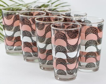 Hazel Atlas Mid-Century Pink Black and White Glasses | Set of 8 Gold Rim Highball Glasses