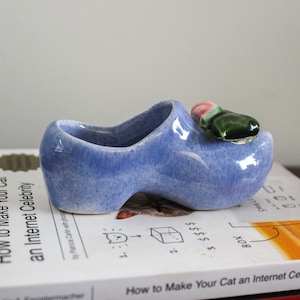 Vintage Shoe Planter | Small Blue Ceramic Indoor Succulent Pot with Drainage